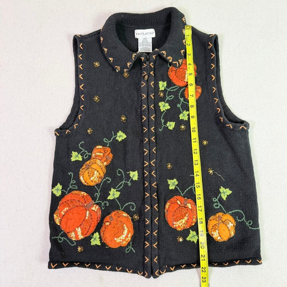 Vintage 90s Halloween Pumpkin Embroidered Beaded Sweater Vest Womens M Zip Front - Picture 6 of 14